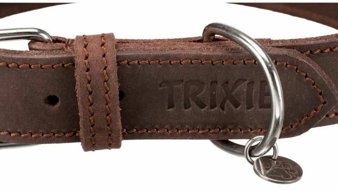 Hundehalsbånd i ægte læder fra Trixie, str S-M.