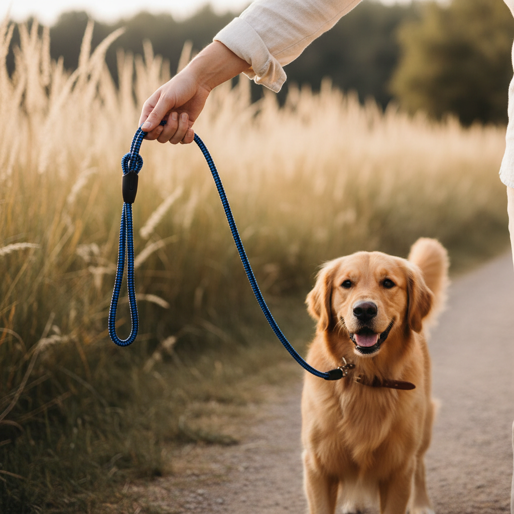 Hundesnor i brug – flettet blå/sort